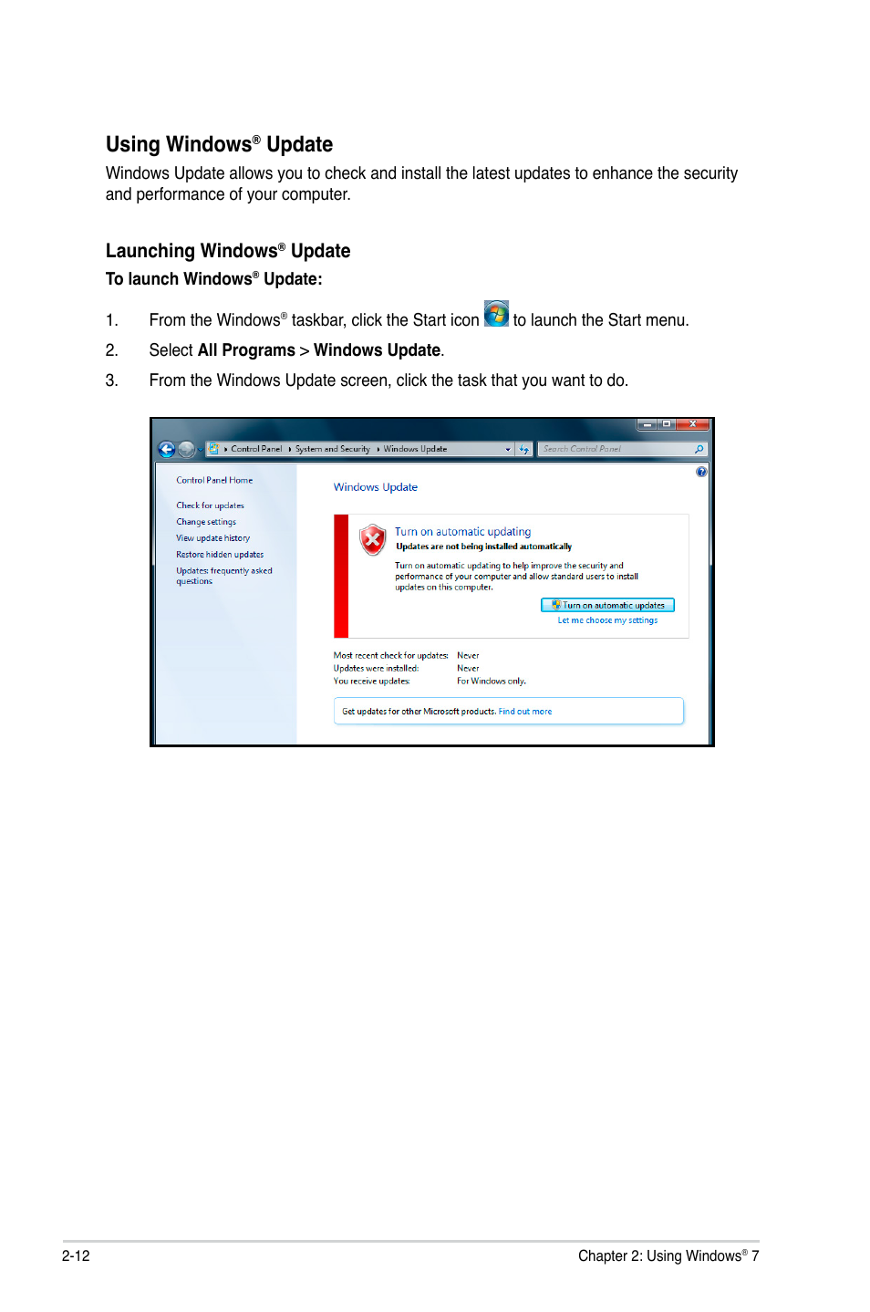 Using windows, Update | Asus CM1630 User Manual | Page 29 / 71