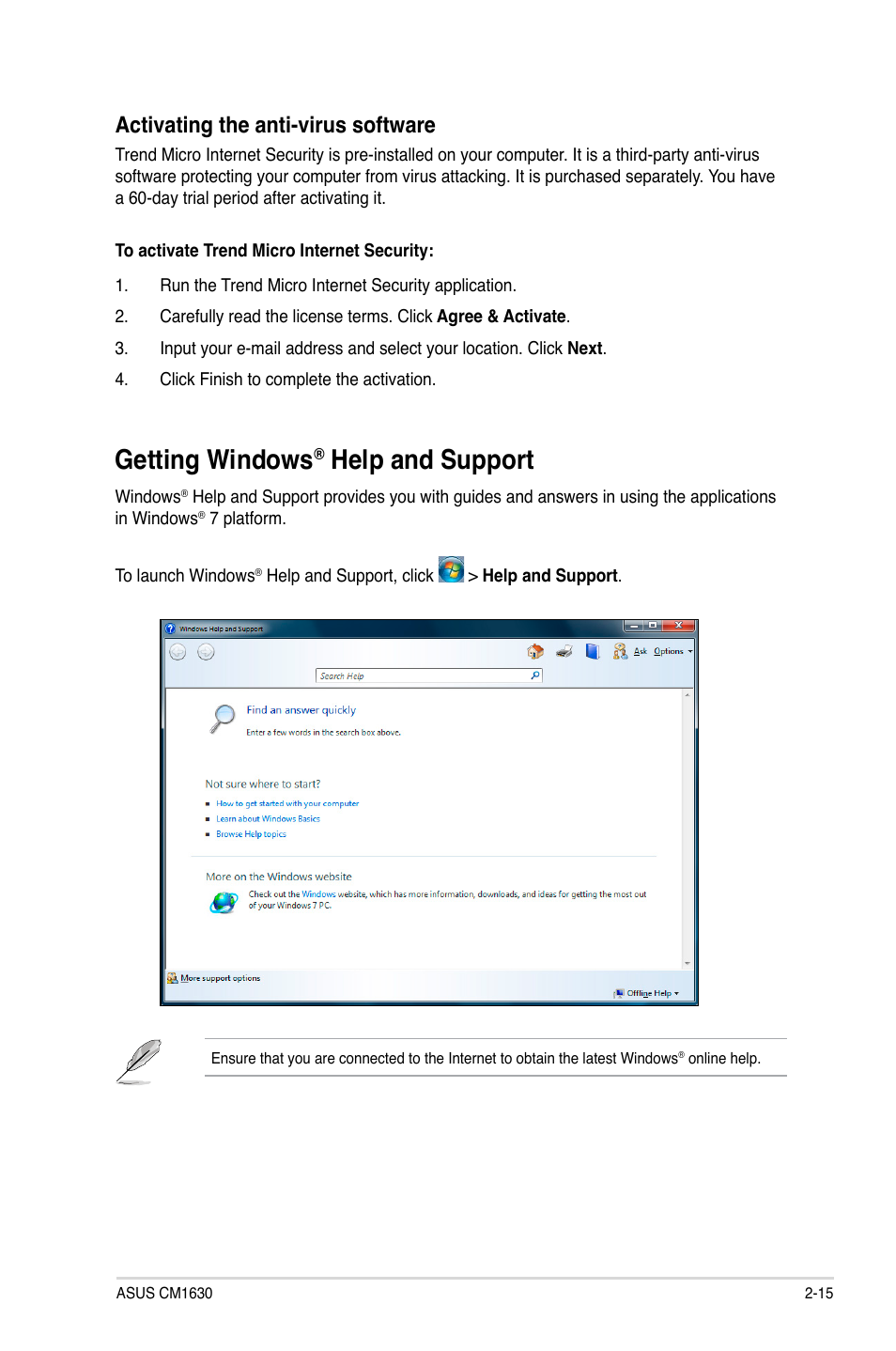 Getting windows® help and support, Getting windows, Help and support -15 | Help and support, Activating the anti-virus software | Asus CM1630 User Manual | Page 32 / 71