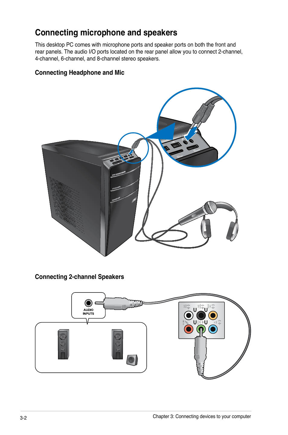 Connecting microphone and speakers, Connecting microphone and speakers -2 | Asus CM1630 User Manual | Page 34 / 71