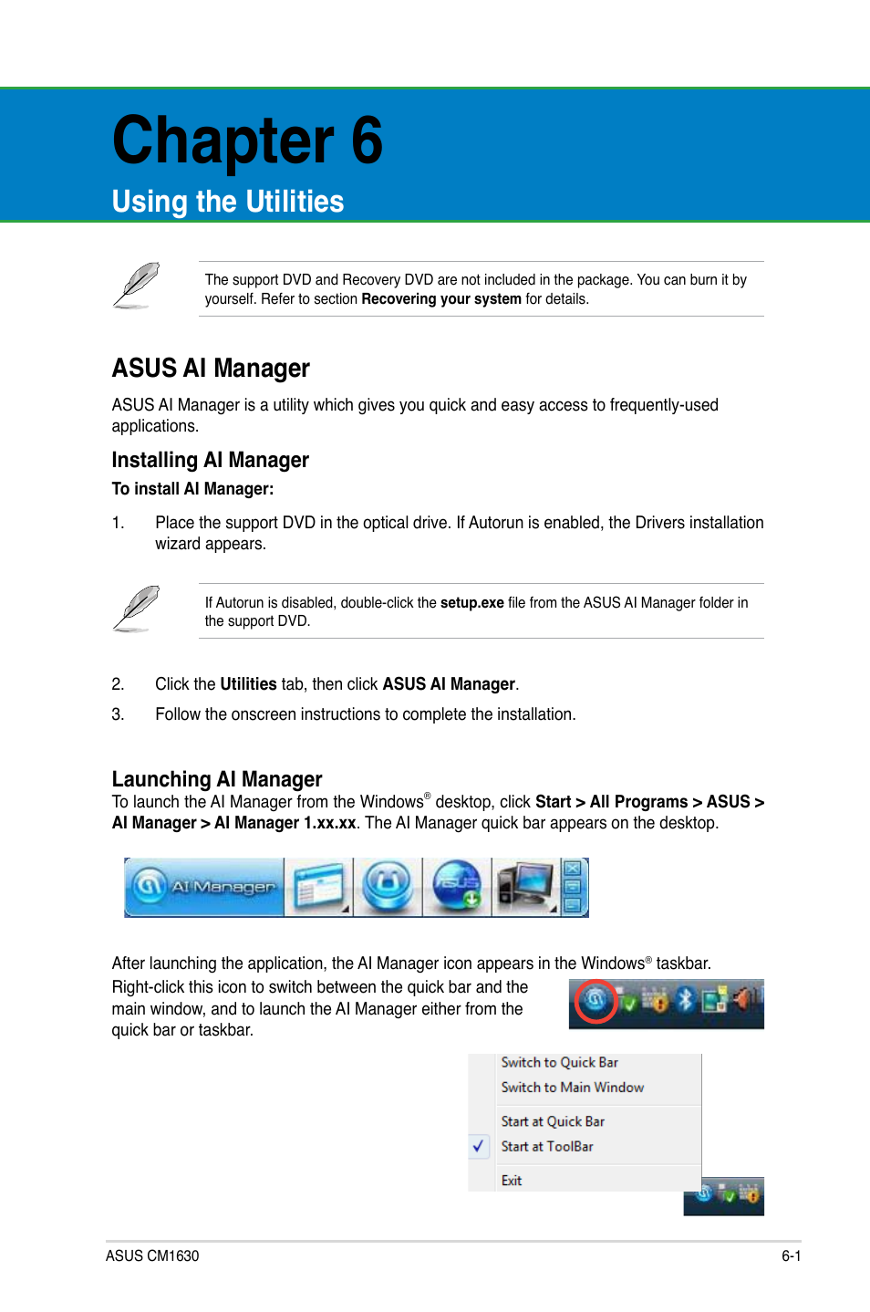 Chapter 6, Using the utilities, Asus ai manager | Asus ai manager -1 | Asus CM1630 User Manual | Page 51 / 71