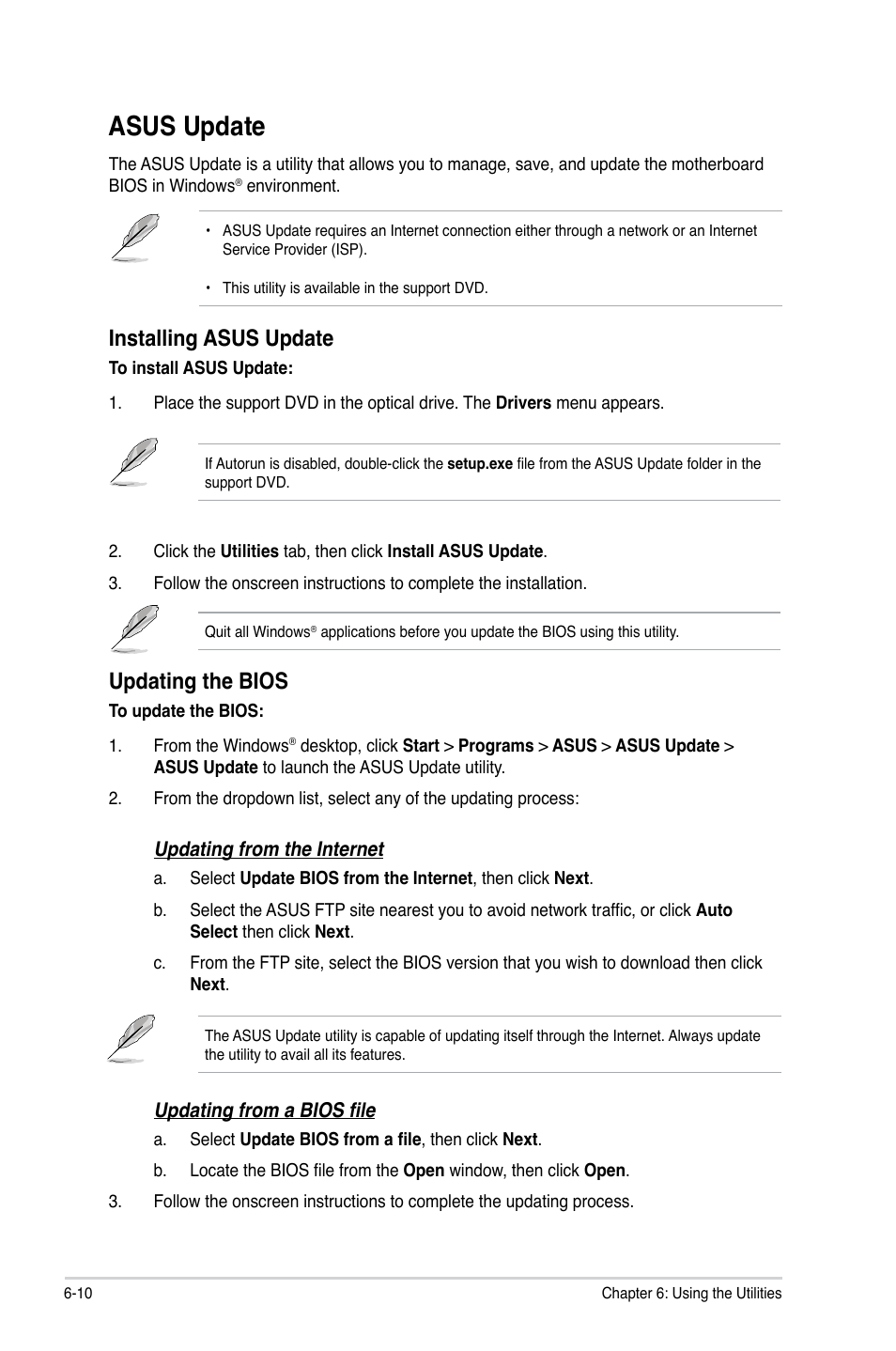 Asus update, Asus update -10, Installing asus update | Updating the bios | Asus CM1630 User Manual | Page 60 / 71