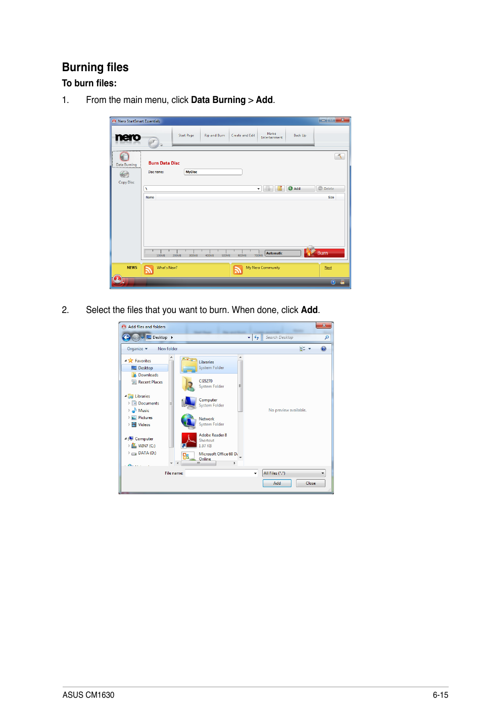 Burning files | Asus CM1630 User Manual | Page 65 / 71