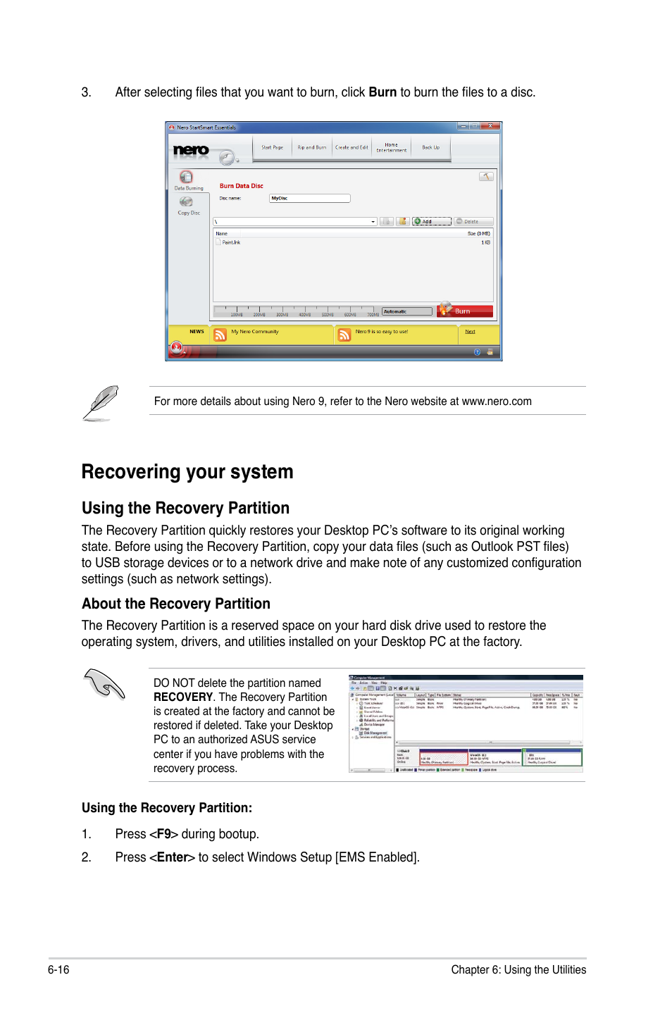 Recovering your system, Recovering your system -16, Using the recovery partition | Asus CM1630 User Manual | Page 66 / 71