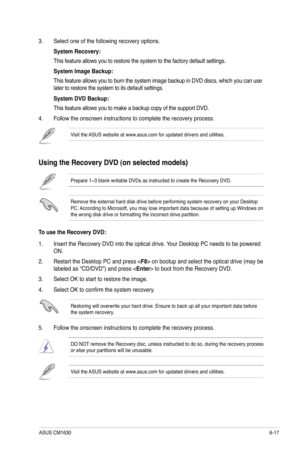 Using the recovery dvd (on selected models) | Asus CM1630 User Manual | Page 67 / 71