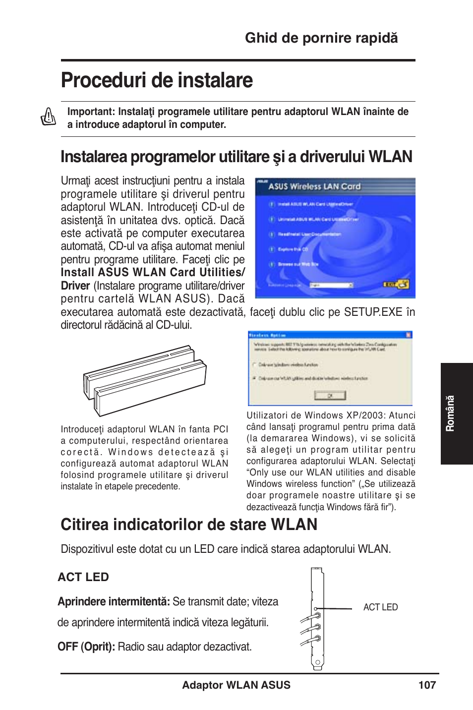 Proceduri de instalare, Citirea indicatorilor de stare wlan, Ghid de pornire rapidă | Asus WL-130N User Manual | Page 108 / 177