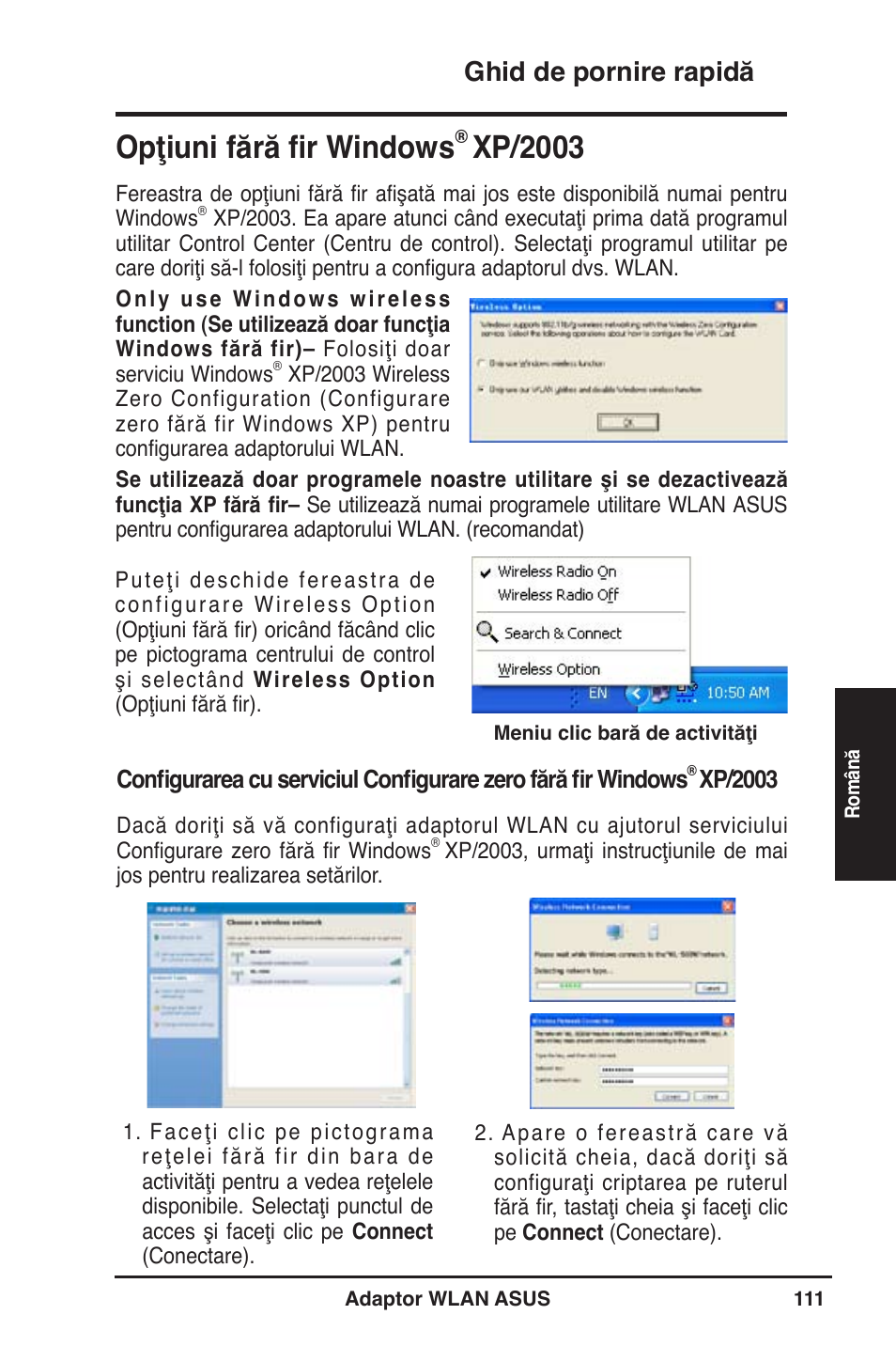 Opţiuni fără fir windows, Xp/2003, Ghid de pornire rapidă | Asus WL-130N User Manual | Page 112 / 177