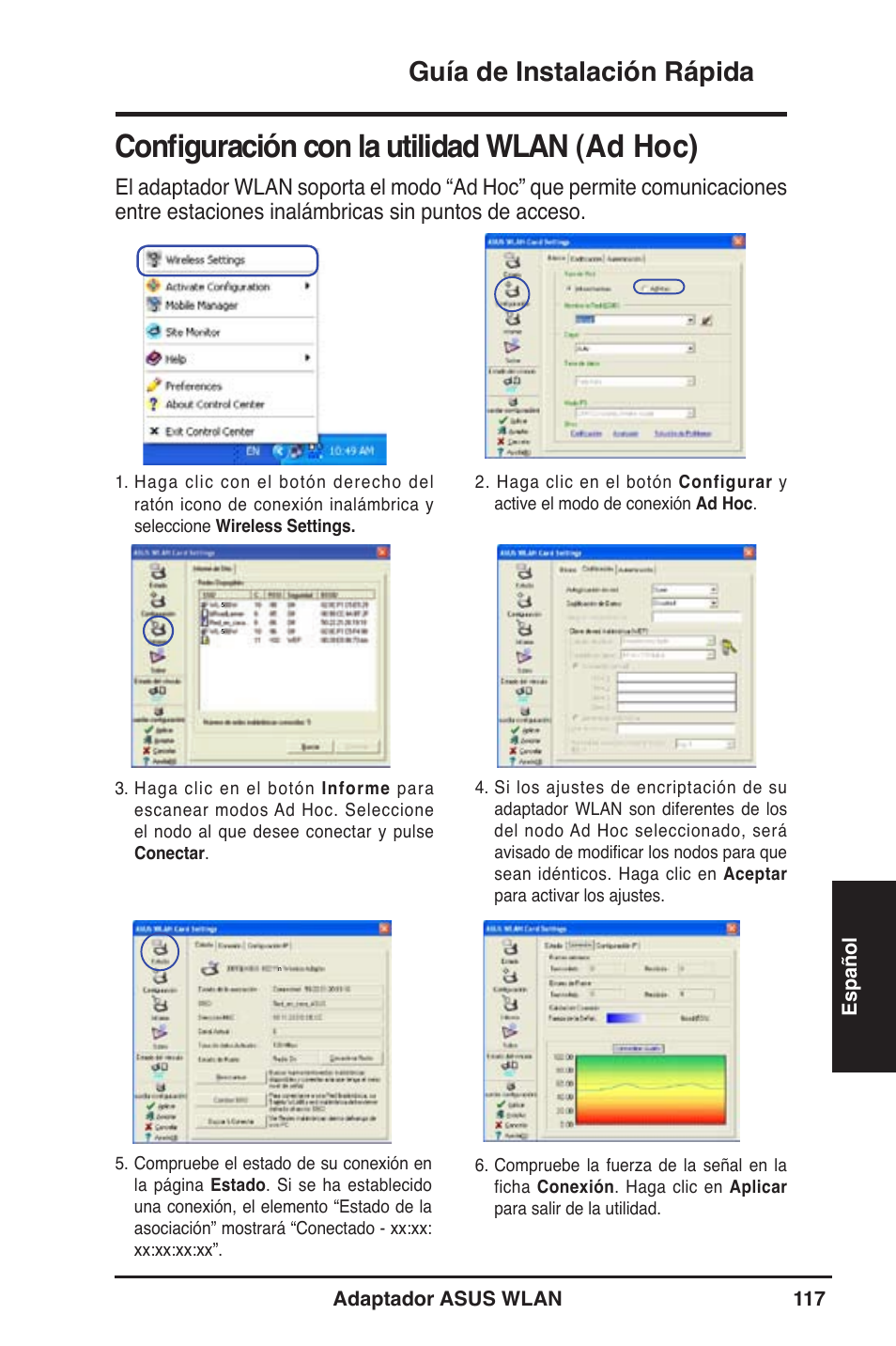 Configuración con la utilidad wlan (ad hoc), Guía de instalación rápida | Asus WL-130N User Manual | Page 118 / 177