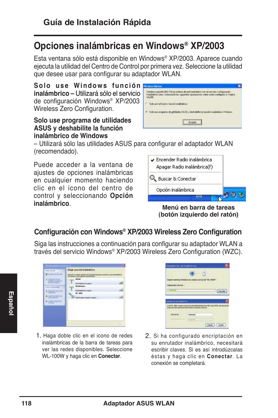 Opciones inalámbricas en windows, Xp/2003, Guía de instalación rápida | Configuración con windows, Xp/2003 wireless zero configuration | Asus WL-130N User Manual | Page 119 / 177