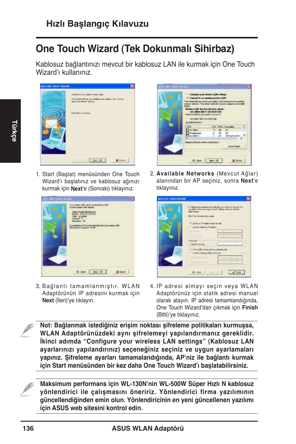 One touch wizard (tek dokunmalı sihirbaz), Hızlı başlangıç kılavuzu | Asus WL-130N User Manual | Page 137 / 177