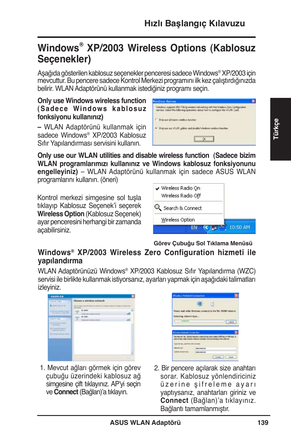 Windows, Xp/2003 wireless options (kablosuz seçenekler), Hızlı başlangıç kılavuzu | Asus WL-130N User Manual | Page 140 / 177