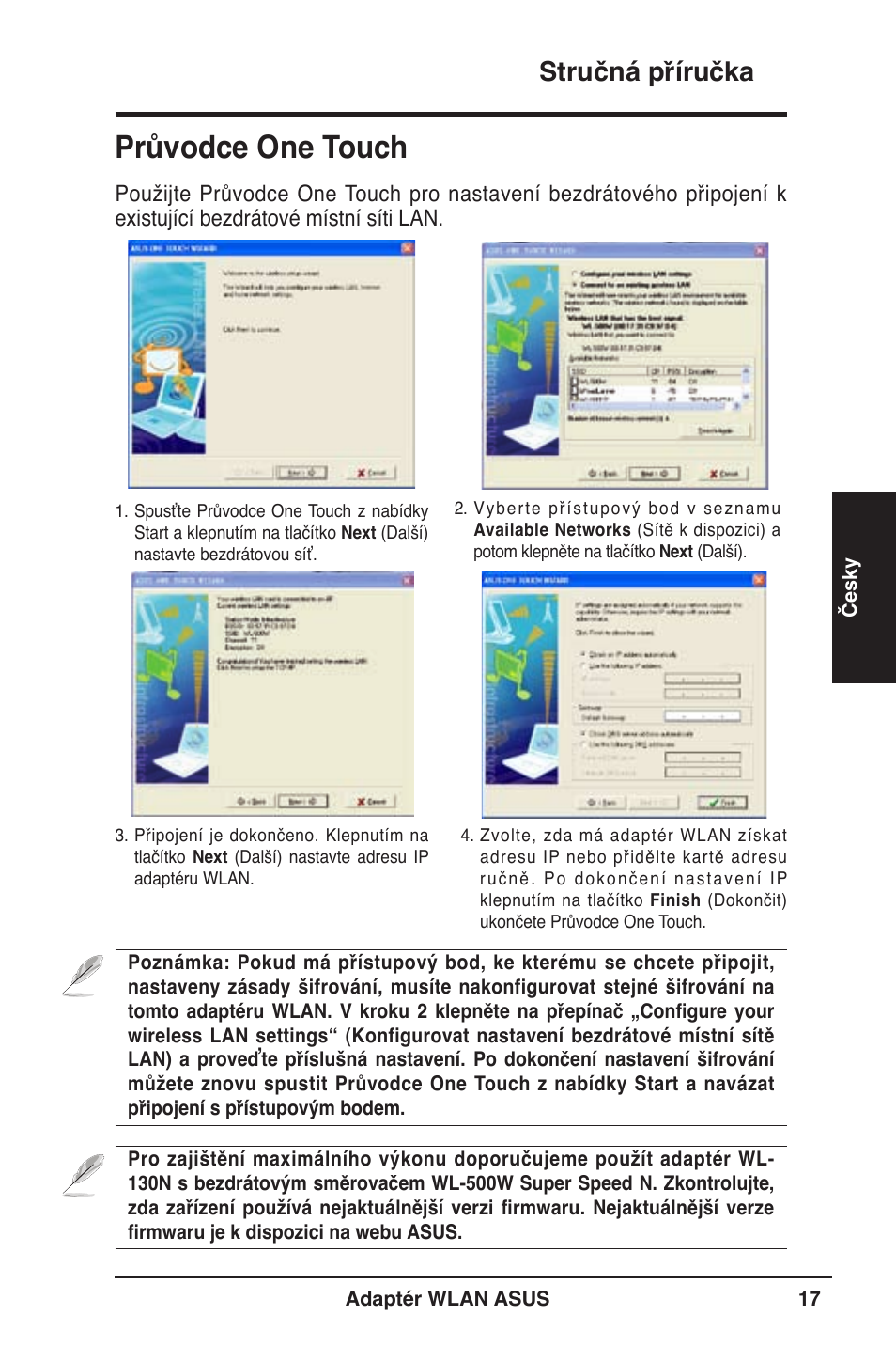 Průvodce one touch, Stručná příručka | Asus WL-130N User Manual | Page 18 / 177