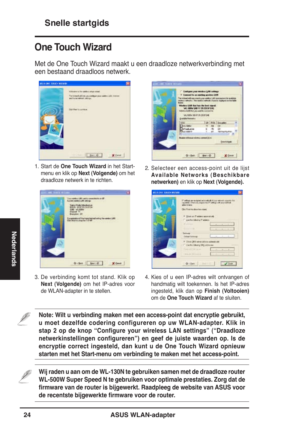 One touch wizard, Snelle startgids | Asus WL-130N User Manual | Page 25 / 177