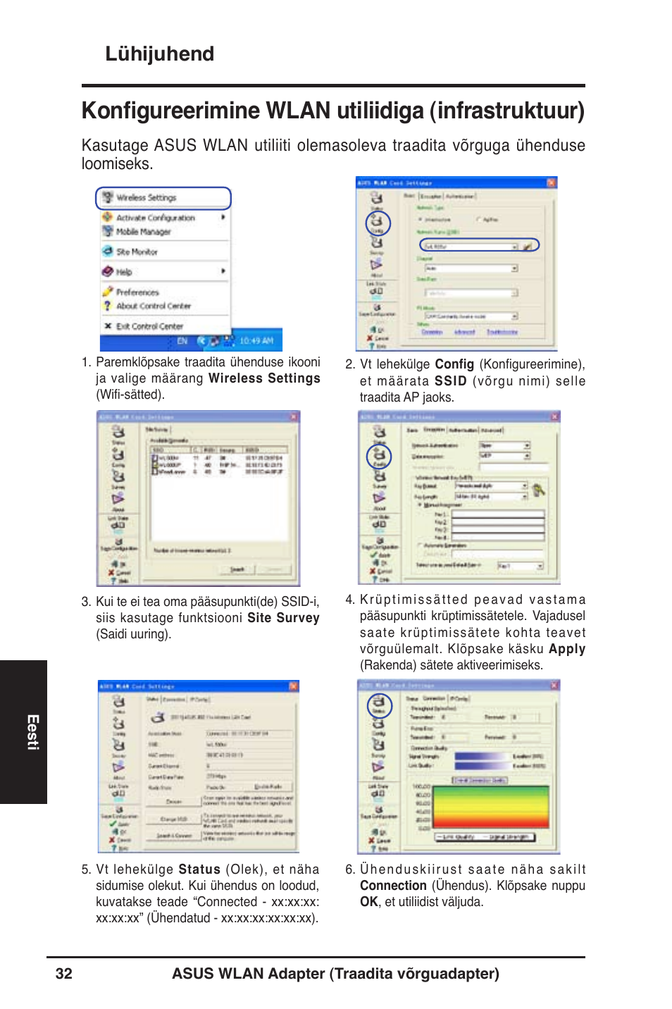 Konfigureerimine wlan utiliidiga (infrastruktuur), Lühijuhend | Asus WL-130N User Manual | Page 33 / 177
