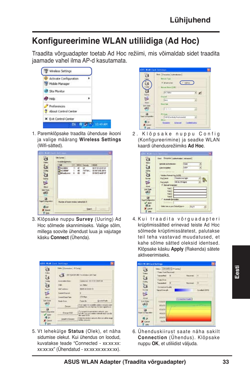 Konfigureerimine wlan utiliidiga (ad hoc), Lühijuhend | Asus WL-130N User Manual | Page 34 / 177