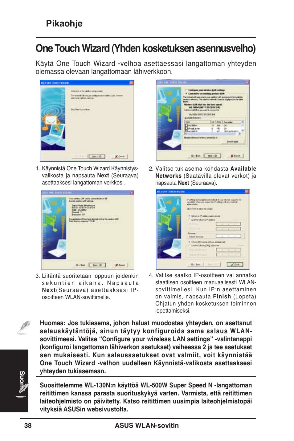 One touch wizard (yhden kosketuksen asennusvelho), Pikaohje | Asus WL-130N User Manual | Page 39 / 177