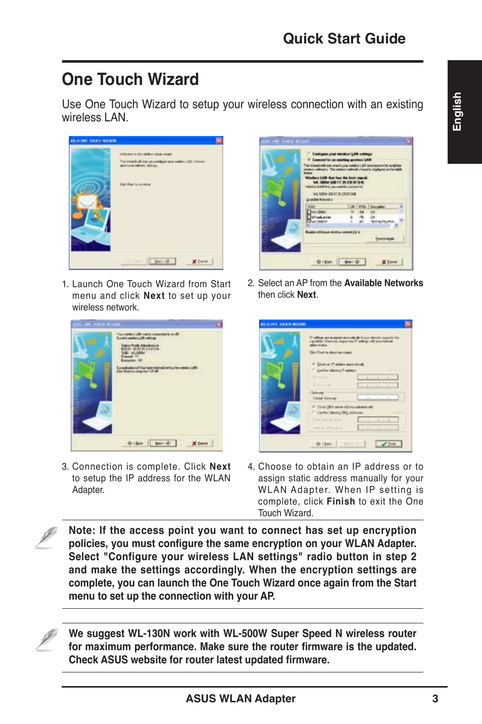 One touch wizard, Quick start guide | Asus WL-130N User Manual | Page 4 / 177