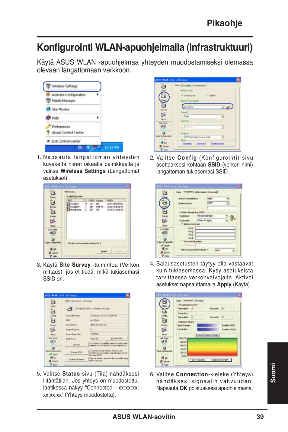 Konfigurointi wlan-apuohjelmalla (infrastruktuuri), Pikaohje | Asus WL-130N User Manual | Page 40 / 177