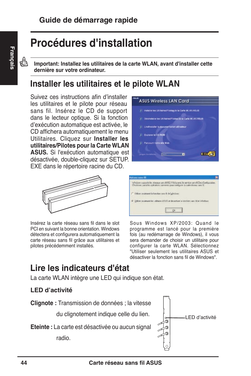 Procédures d'installation, Installer les utilitaires et le pilote wlan, Lire les indicateurs d'état | Guide de démarrage rapide | Asus WL-130N User Manual | Page 45 / 177