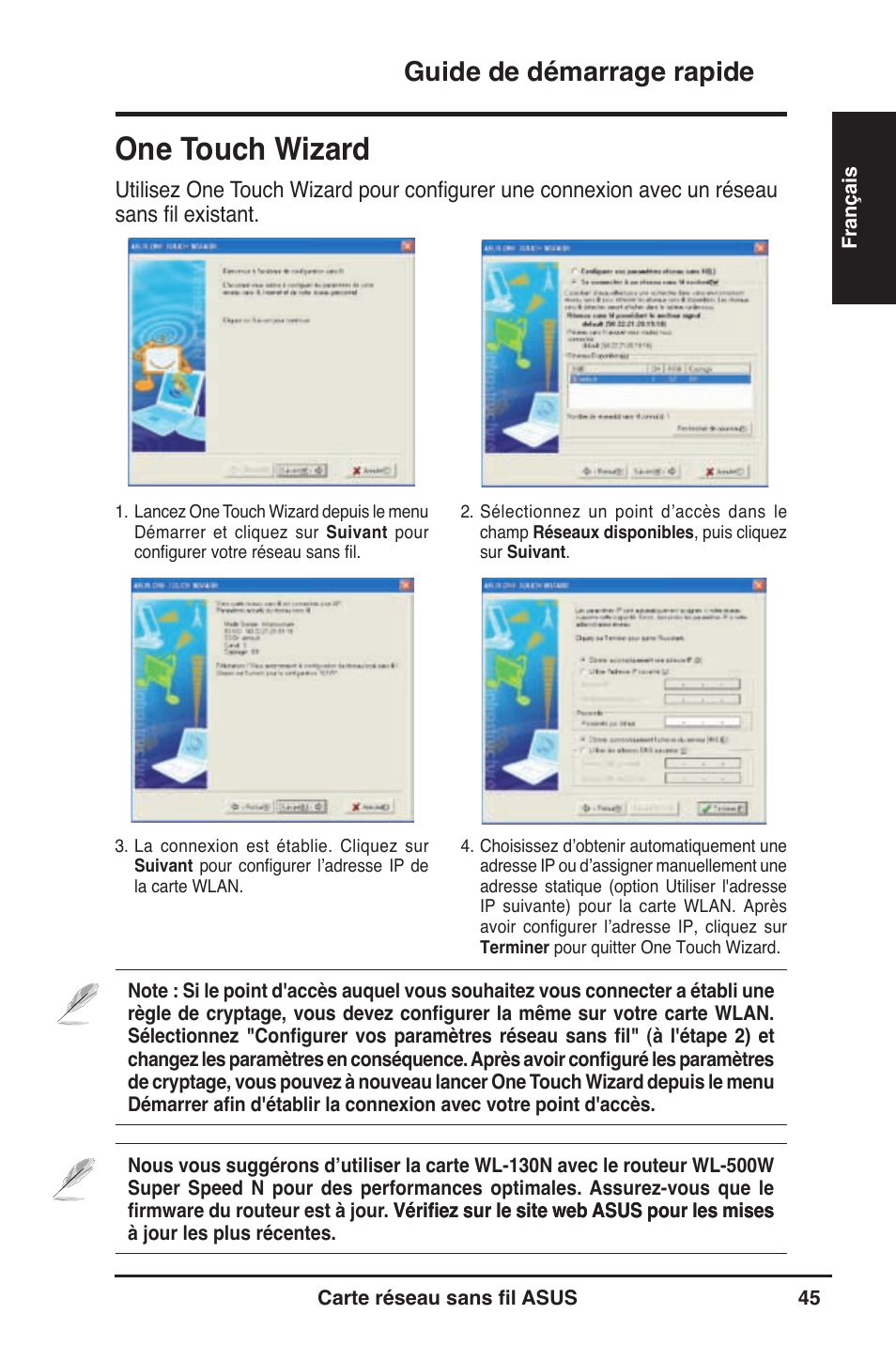 One touch wizard, Guide de démarrage rapide | Asus WL-130N User Manual | Page 46 / 177