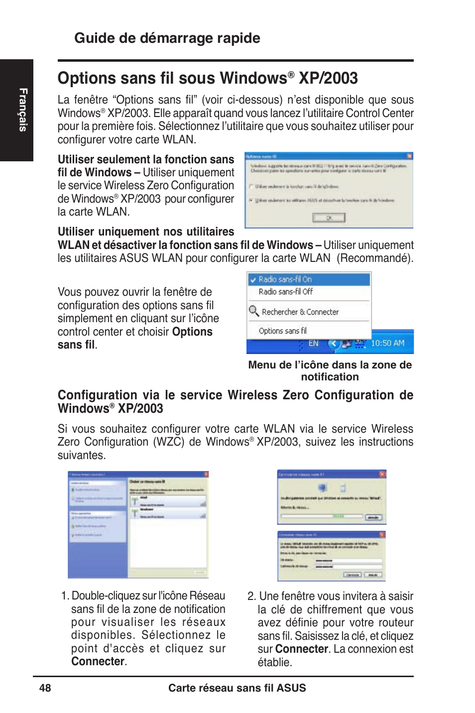 Options sans fil sous windows, Xp/2003, Guide de démarrage rapide | Asus WL-130N User Manual | Page 49 / 177