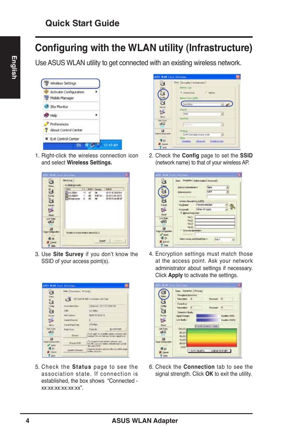 Configuring with the wlan utility (infrastructure), Quick start guide | Asus WL-130N User Manual | Page 5 / 177