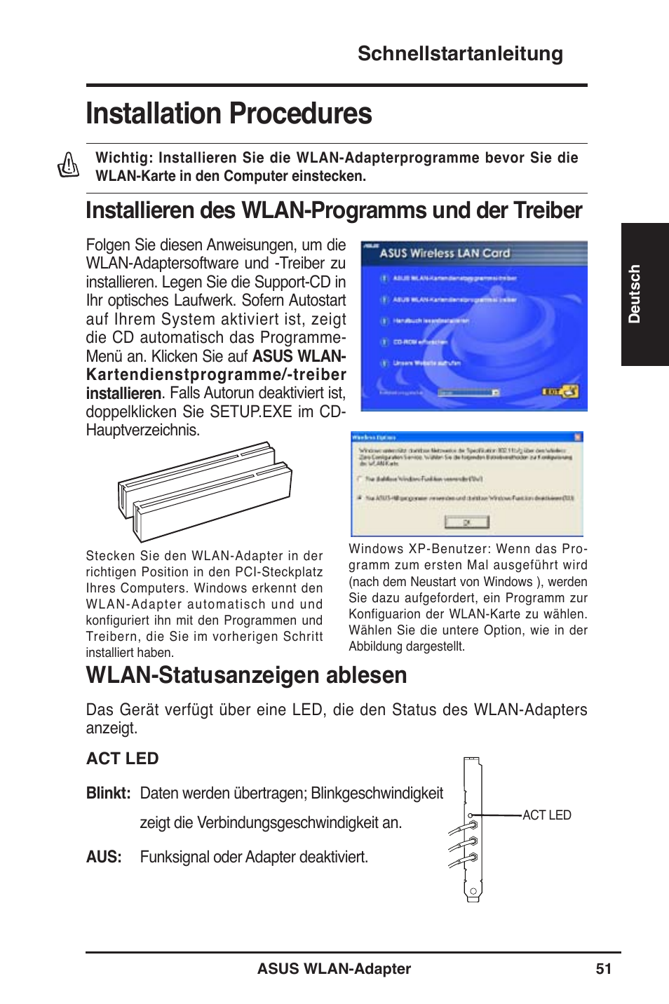 Installation procedures, Installieren des wlan-programms und der treiber, Wlan-statusanzeigen ablesen | Schnellstartanleitung | Asus WL-130N User Manual | Page 52 / 177