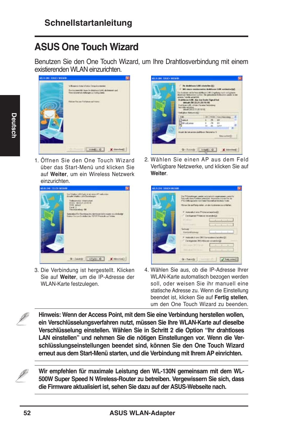 Asus one touch wizard, Schnellstartanleitung | Asus WL-130N User Manual | Page 53 / 177