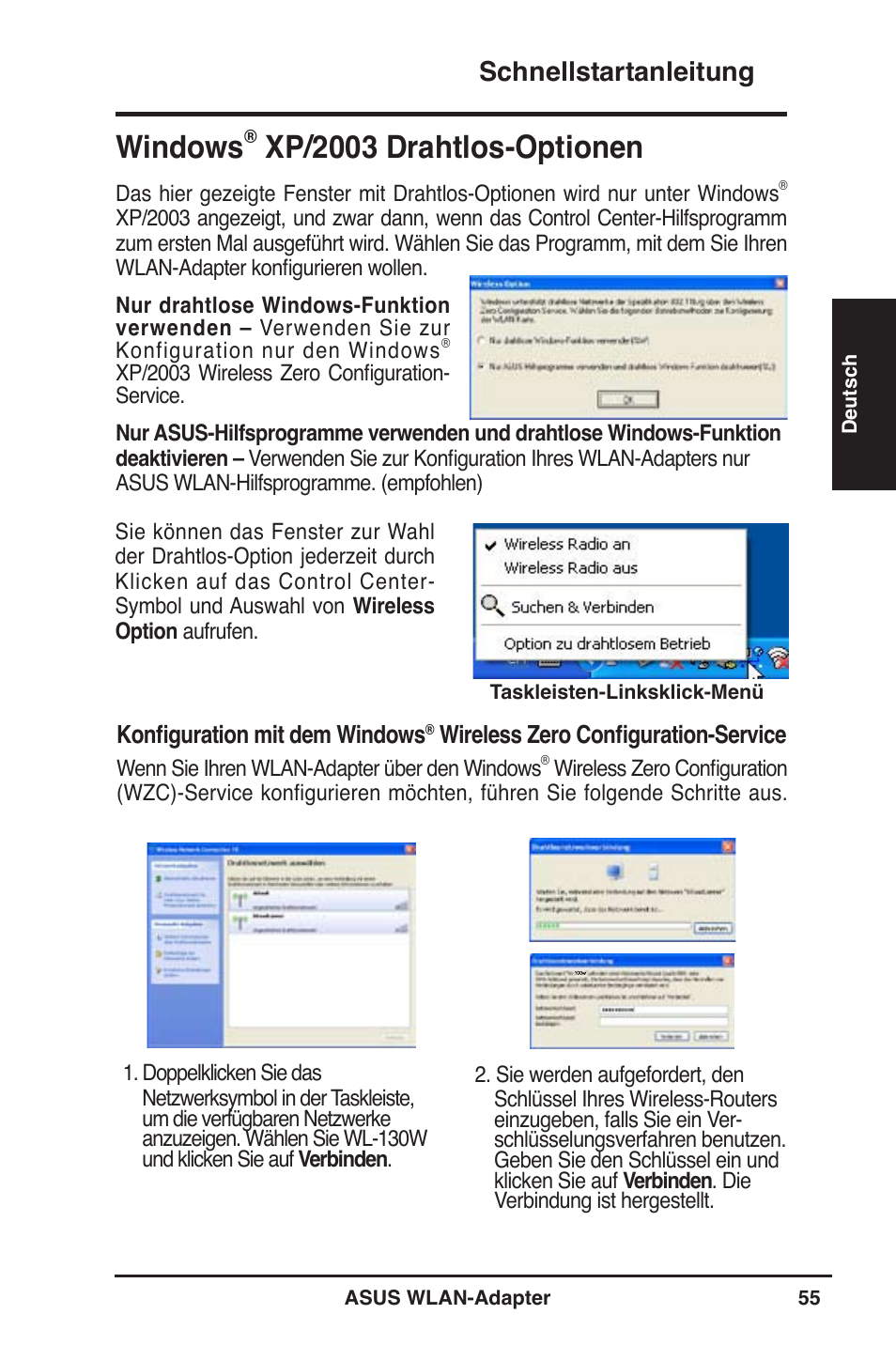 Windows, Xp/2003 drahtlos-optionen, Schnellstartanleitung | Asus WL-130N User Manual | Page 56 / 177