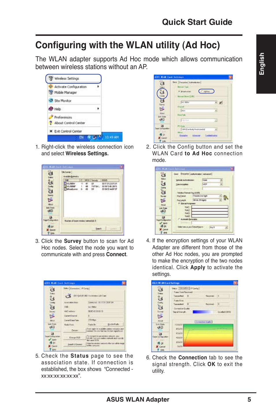 Configuring with the wlan utility (ad hoc), Quick start guide | Asus WL-130N User Manual | Page 6 / 177