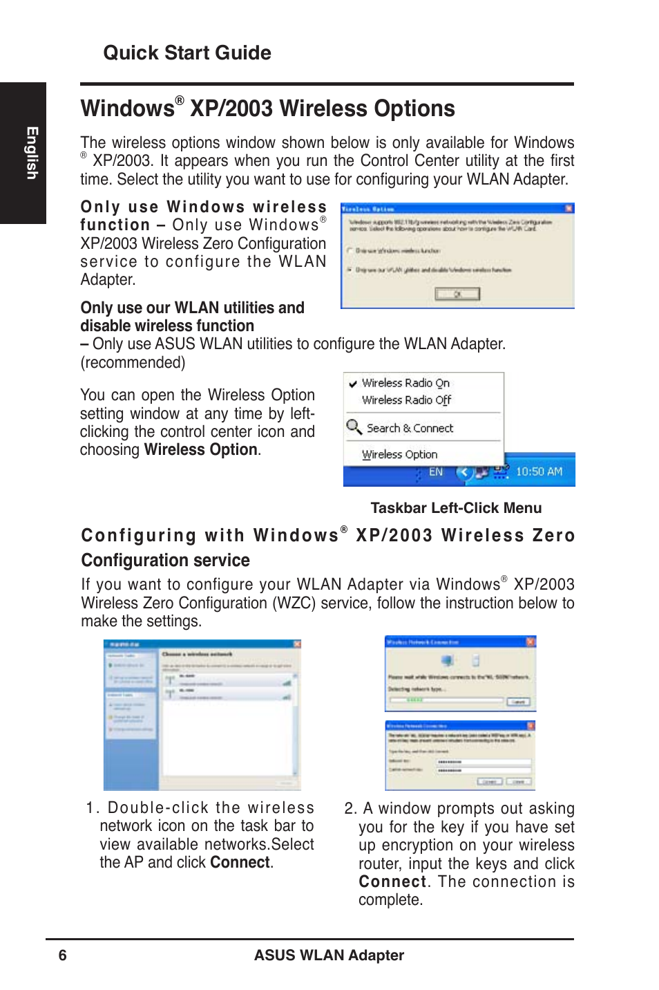 Windows, Xp/2003 wireless options, Quick start guide | Asus WL-130N User Manual | Page 7 / 177