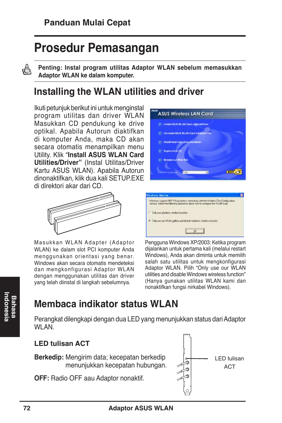 Prosedur pemasangan, Installing the wlan utilities and driver, Membaca indikator status wlan | Panduan mulai cepat | Asus WL-130N User Manual | Page 73 / 177
