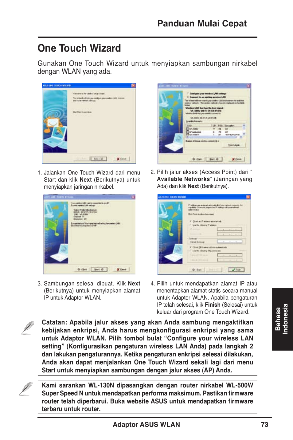 One touch wizard, Panduan mulai cepat | Asus WL-130N User Manual | Page 74 / 177