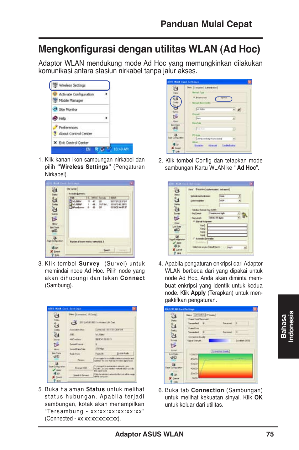 Mengkonfigurasi dengan utilitas wlan (ad hoc), Panduan mulai cepat | Asus WL-130N User Manual | Page 76 / 177