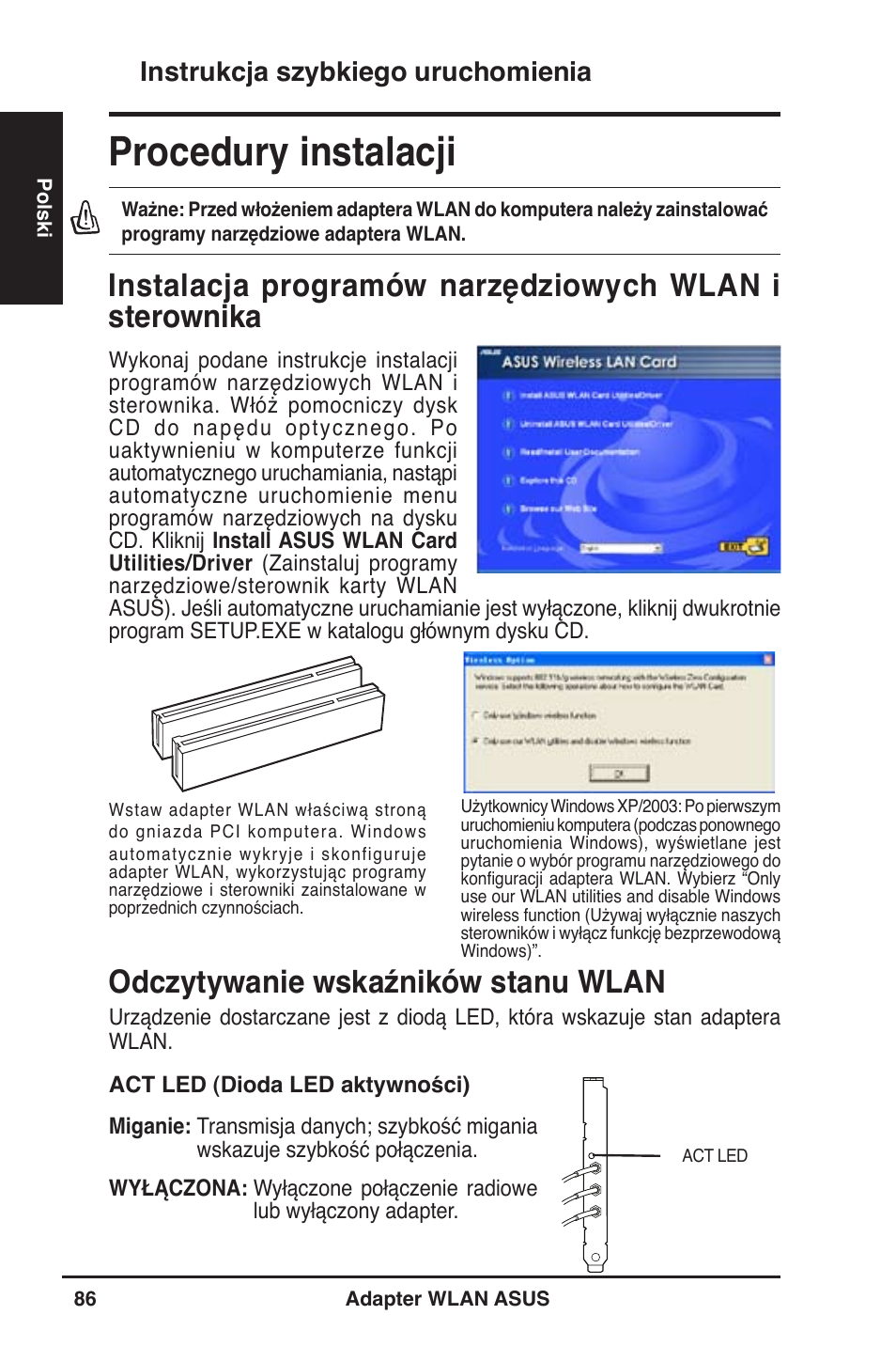 Procedury instalacji, Odczytywanie wskaźników stanu wlan, Instrukcja szybkiego uruchomienia | Asus WL-130N User Manual | Page 87 / 177