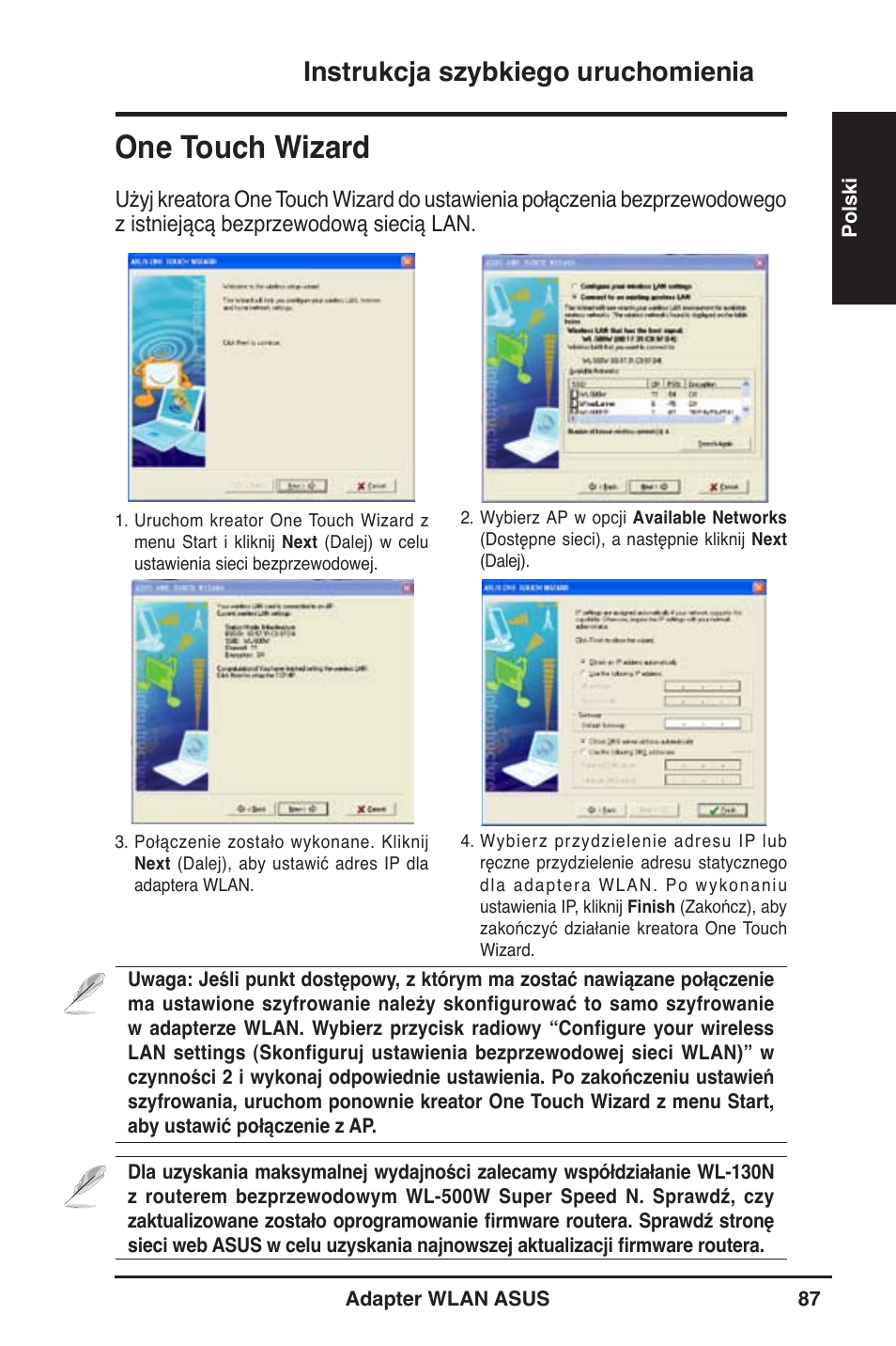 One touch wizard, Instrukcja szybkiego uruchomienia | Asus WL-130N User Manual | Page 88 / 177