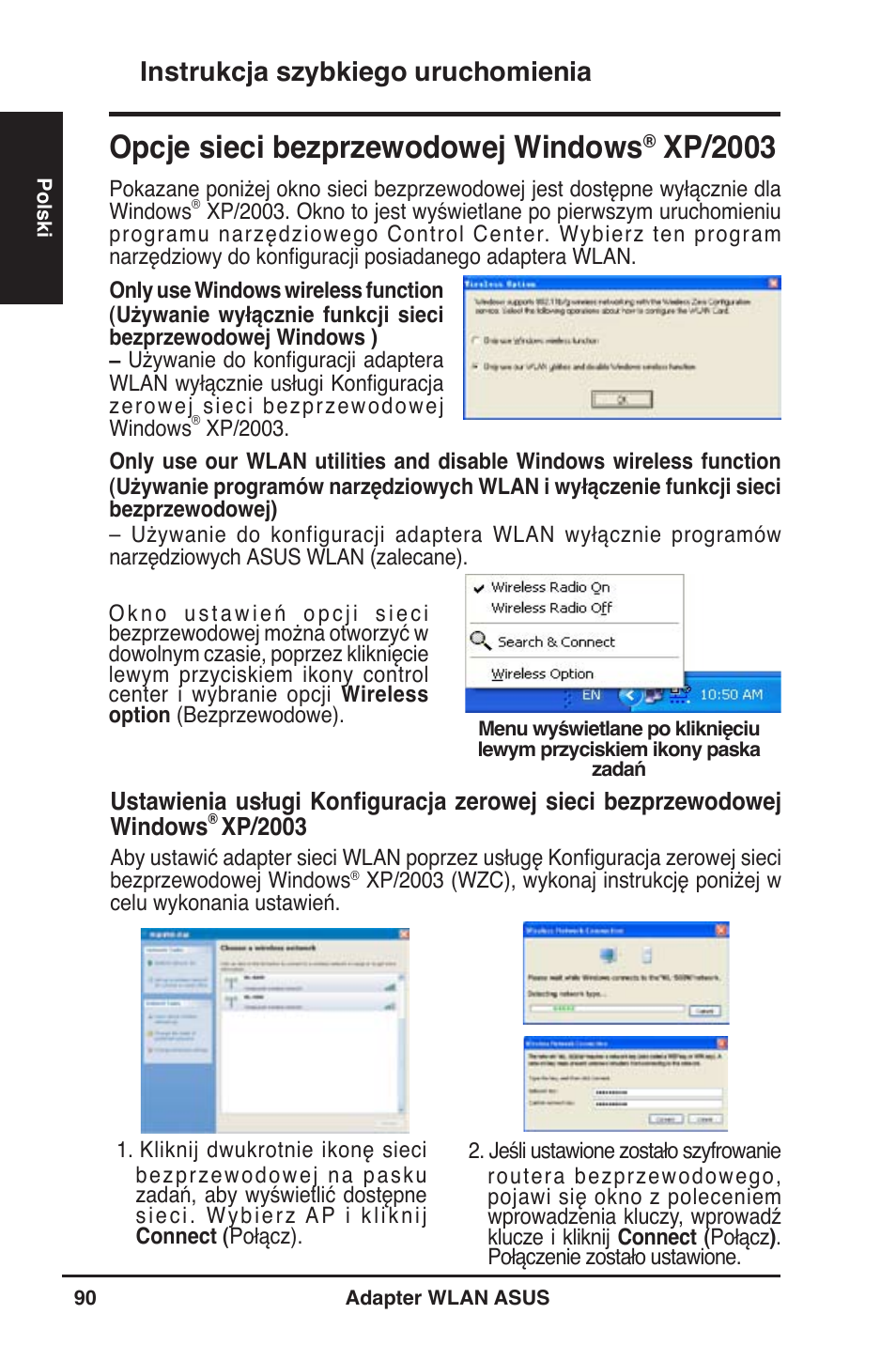 Opcje sieci bezprzewodowej windows, Xp/2003, Instrukcja szybkiego uruchomienia | Asus WL-130N User Manual | Page 91 / 177