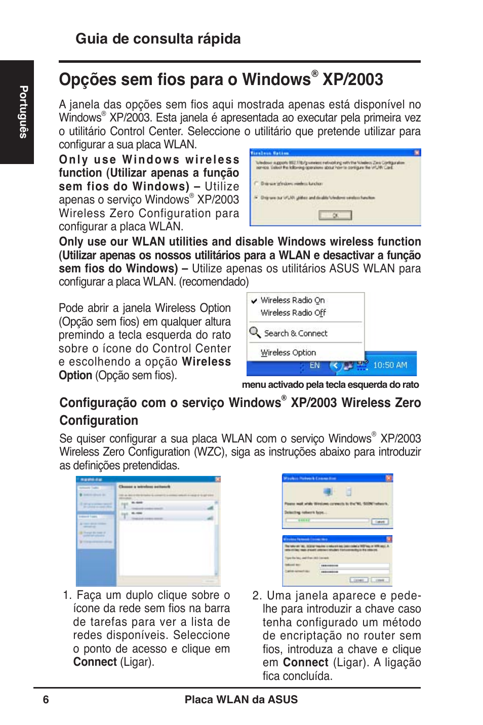 Opções sem fios para o windows, Xp/2003, Guia de consulta rápida | Asus WL-130N User Manual | Page 98 / 177