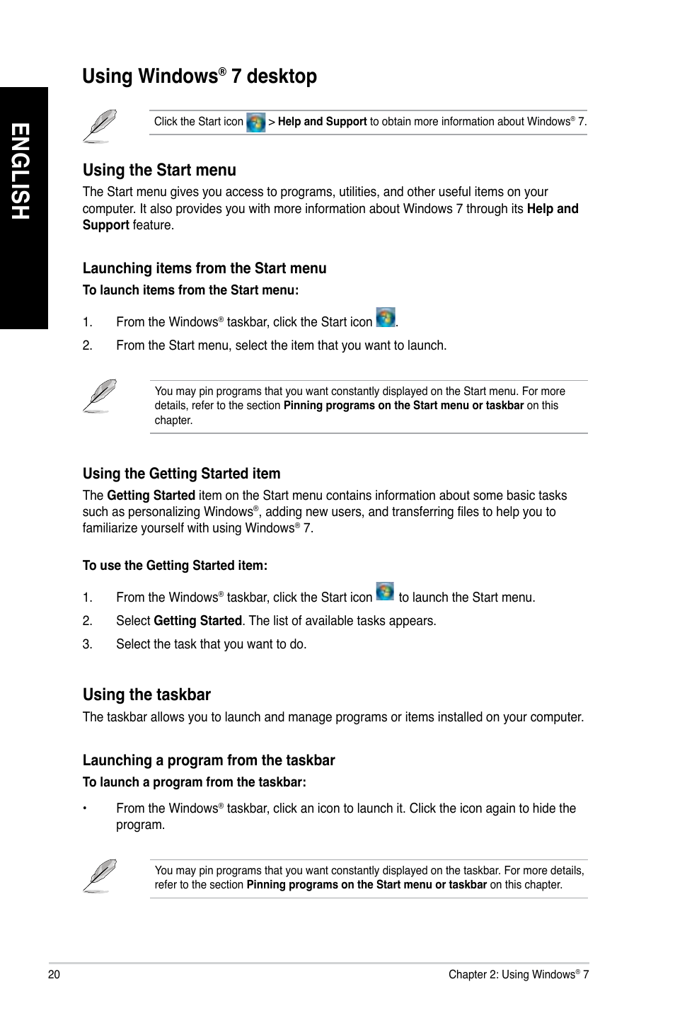 Using windows® 7 desktop, Using windows, En g lis h en g li sh en g lis h en g li sh | 7 desktop | Asus M51BC User Manual | Page 20 / 87