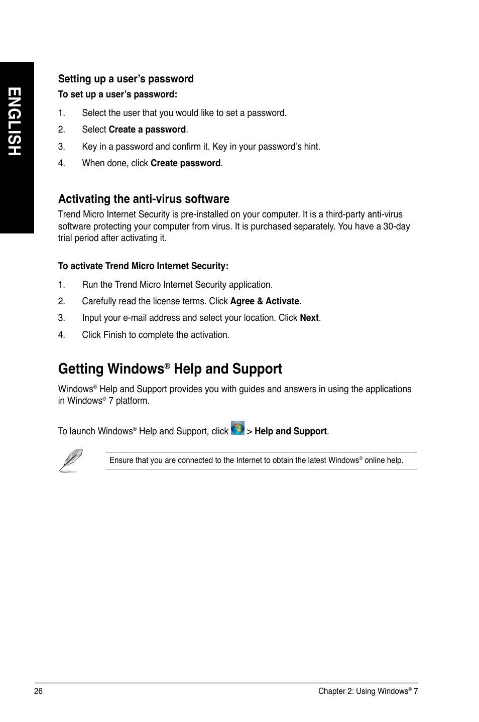 Getting windows® help and support, Getting windows, En g lis h en g li sh | Help and support, Activating the anti-virus software | Asus M51BC User Manual | Page 26 / 87