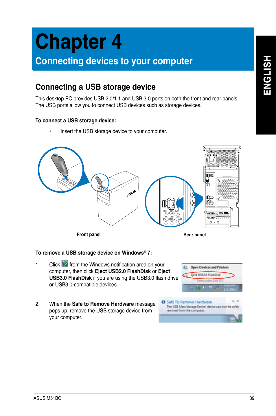 Chapter 4: connecting devices to your computer, Connecting a usb storage device, Connecting devices to your computer | Chapter 4, En g lis h en g li sh | Asus M51BC User Manual | Page 39 / 87