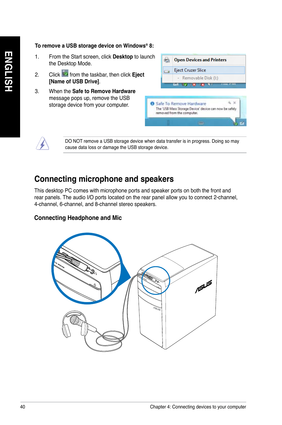Connecting microphone and speakers, En g lis h en g li sh en g lis h en g li sh | Asus M51BC User Manual | Page 40 / 87