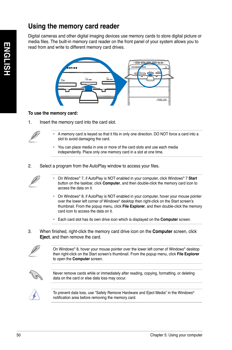 Using the memory card reader, En g lis h en g li sh en g lis h en g li sh | Asus M51BC User Manual | Page 50 / 87