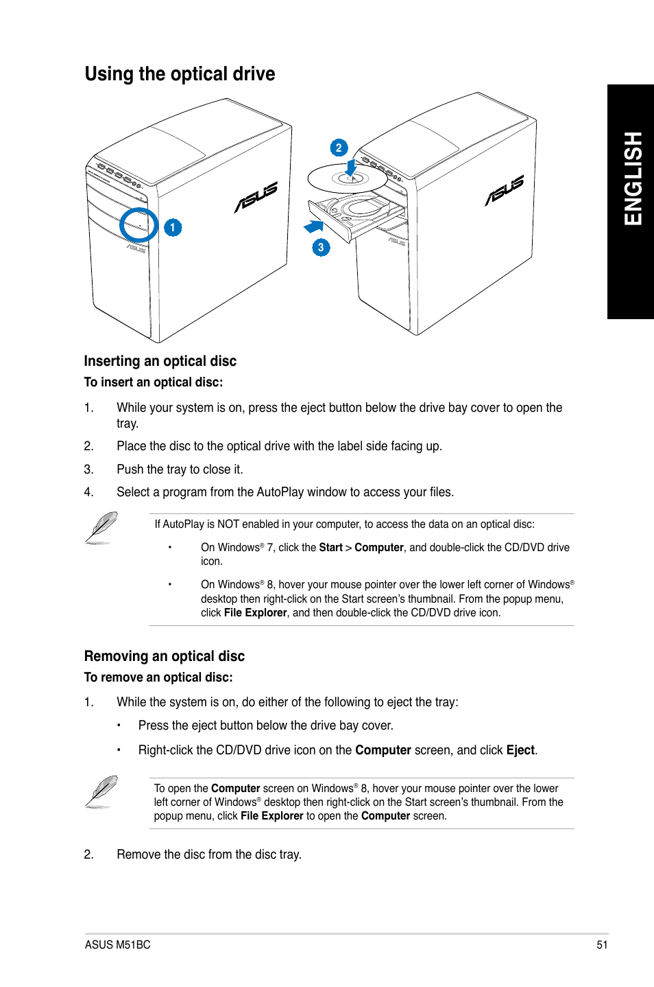 Using the optical drive, En g lis h en g li sh | Asus M51BC User Manual | Page 51 / 87