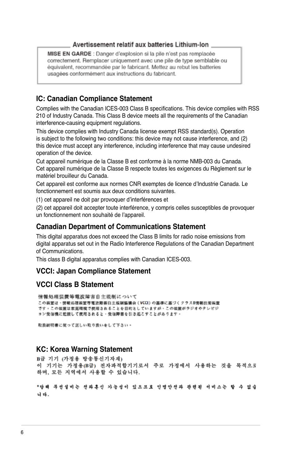 Ic: canadian compliance statement, Canadian department of communications statement | Asus M51BC User Manual | Page 6 / 87