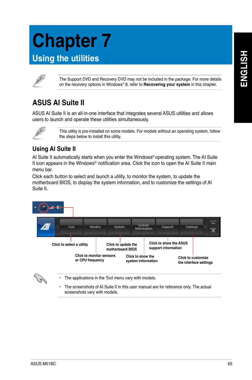 Chapter 7: using the utilities, Asus ai suite ii, Using the utilities | Chapter 7, En g lis h en g li sh | Asus M51BC User Manual | Page 65 / 87