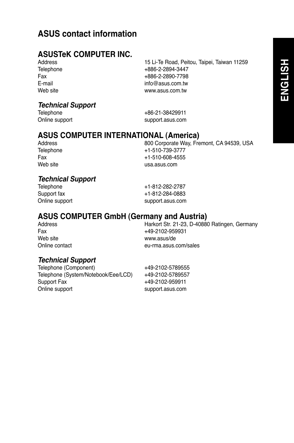 Asus contact information, En g lis h en g li sh, Asustek computer inc | Asus computer international (america), Asus computer gmbh (germany and austria) | Asus M51BC User Manual | Page 87 / 87