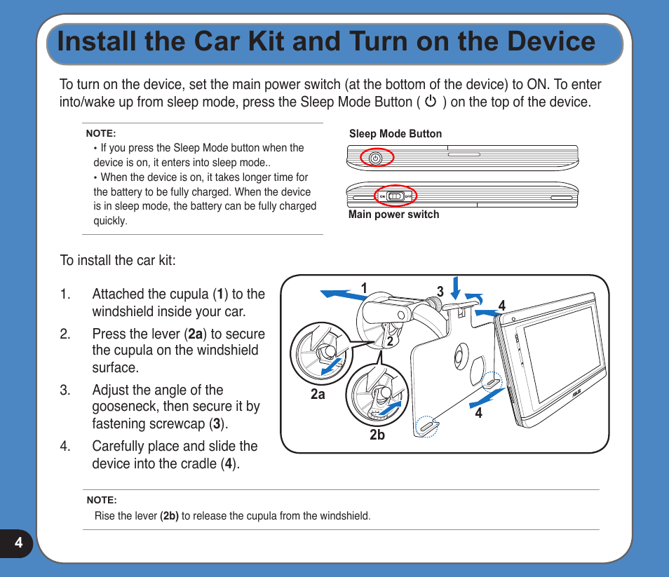 Install the car kit and turn on the device | Asus R700T User Manual | Page 4 / 15