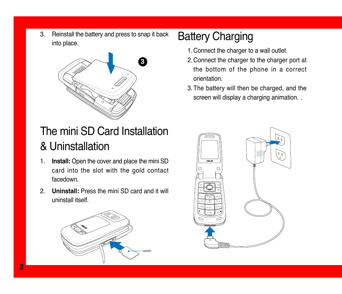 The mini sd card installation & uninstallation, Battery charging, Sim installation | Asus M307 User Manual | Page 2 / 8