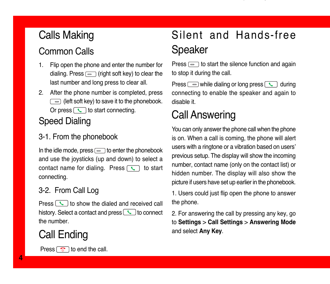 Call ending, Call answering, Calls making | Silent and hands-free speaker, Speed dialing, Common calls | Asus M307 User Manual | Page 4 / 8