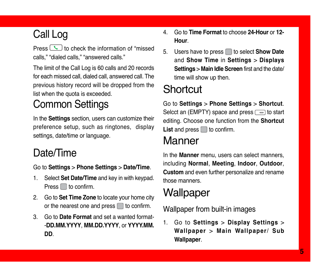 Call log, Common settings, Date/time | Shortcut, Manner, Wallpaper | Asus M307 User Manual | Page 5 / 8